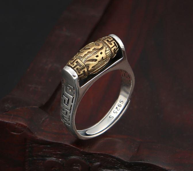 Sterling Silver Tibetan 6 SYLLABLE MANTRA Spinning Prayer Wheel Ring