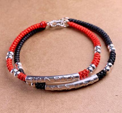 Tibetan Buddhist Pure Silver 6 syllable OM  MANTRA  Red Rope Bracelet