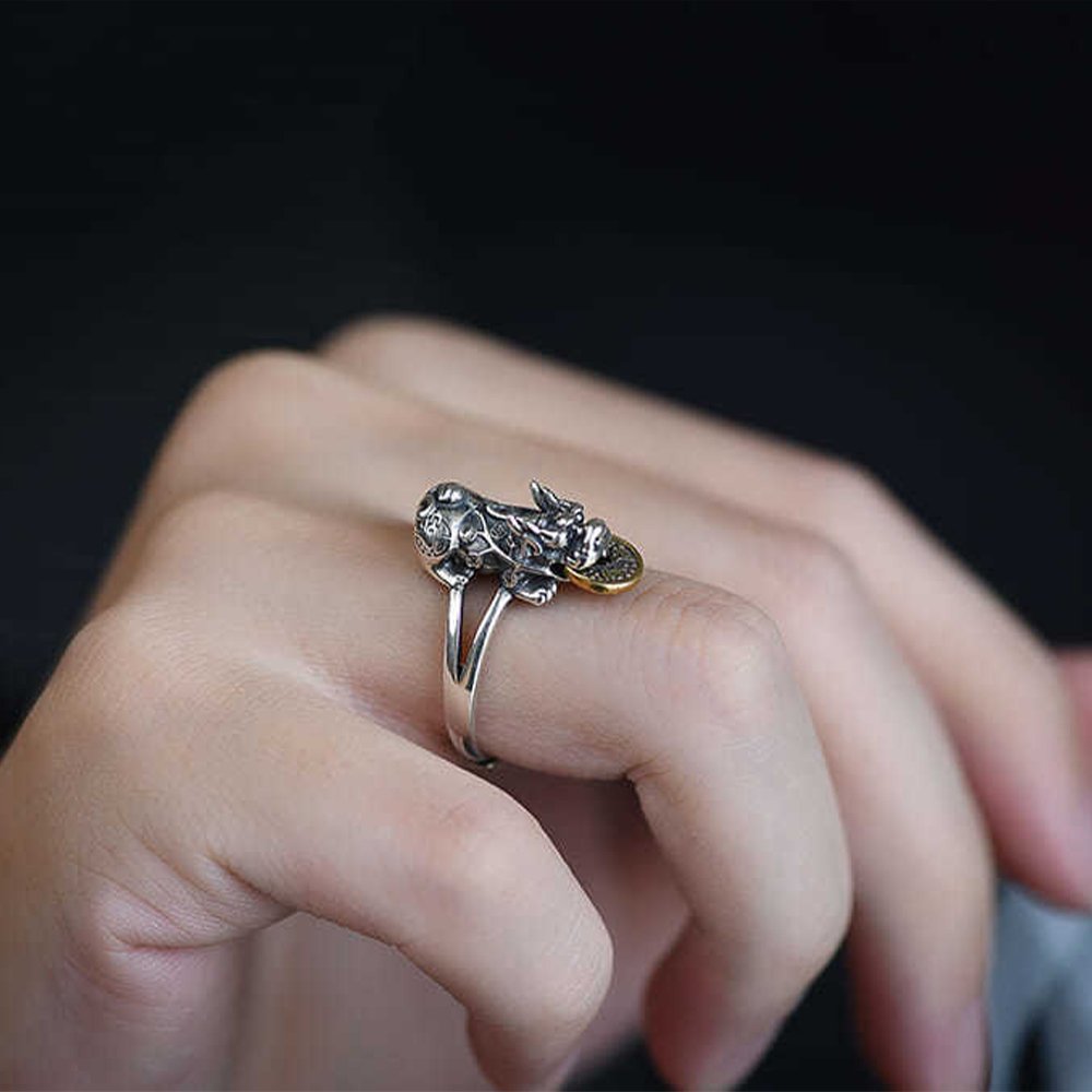 Pixiu Eating A Lucky Coin Fortune Ring