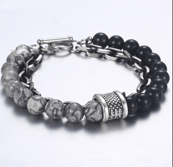 REDUCE STRESS~Map Jasper Stone & Stainless Steel  '2 in 1' Layered Men's Bracelet