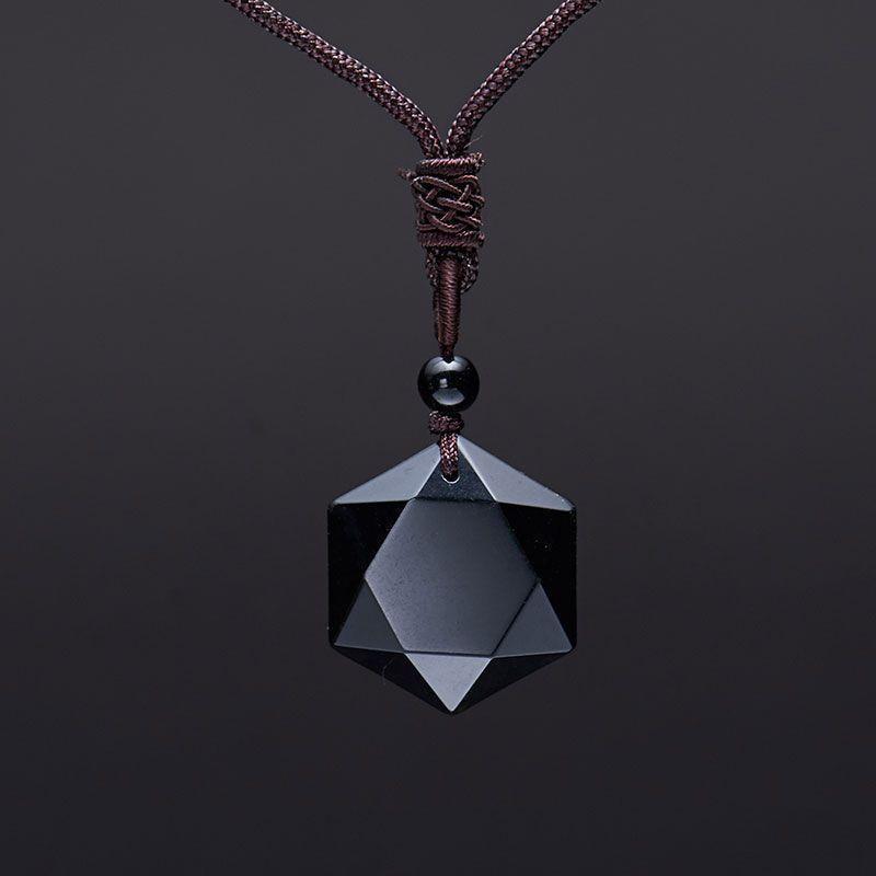 Black Obsidian Cubic Hexagram NO NEGATIVITY Pendant Necklace