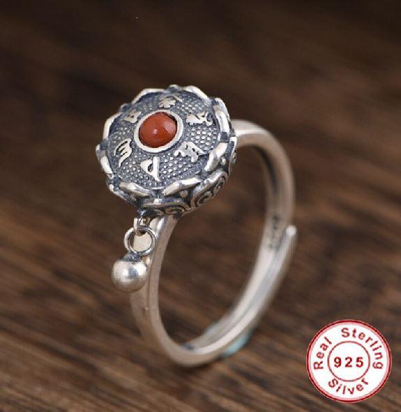 925 Sterling Silver LOTUS & 6 Syllable MANTRA SPINNING PRAYER WHEEL Ring