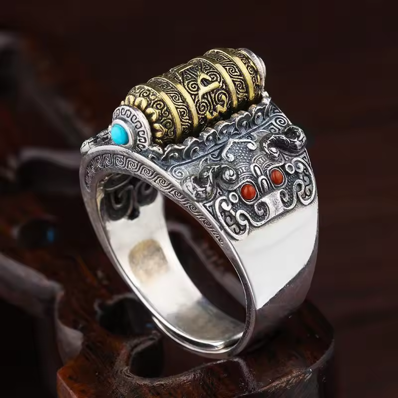 Tibetan Prayer Wheel Mantra Ring