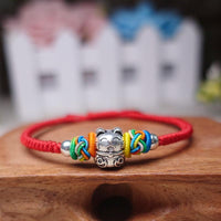 Thumbnail for 925 Silver Sterling FORTUNE CAT & PINEAPPLE KNOT Red Rope Bracelet