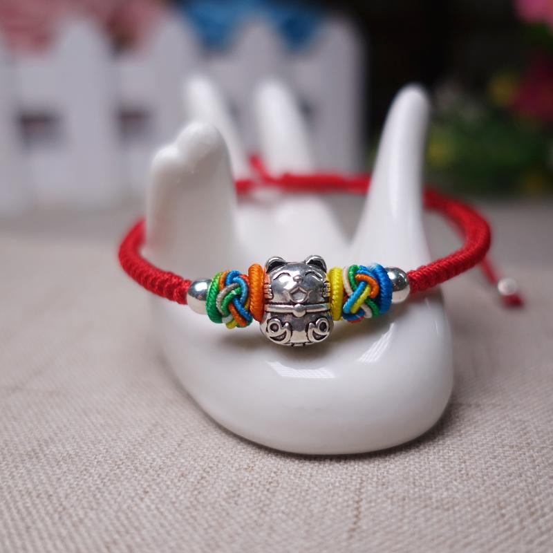 925 Silver Sterling FORTUNE CAT & PINEAPPLE KNOT Red Rope Bracelet