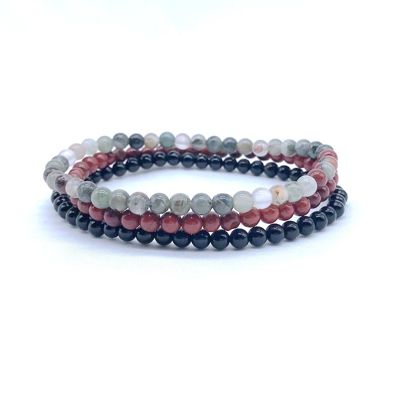 STAMINA & PERSEVERANCE -Bloodstone, Red Jasper & Onyx- 3/pc  *MIGHTY MINIS*  Healing Energy Stone Bracelets