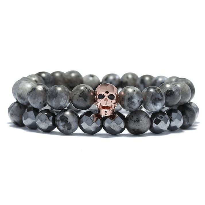 Skull 'n Stone- Mens Hematite & Agate Stone STRENGTH Bracelet Set