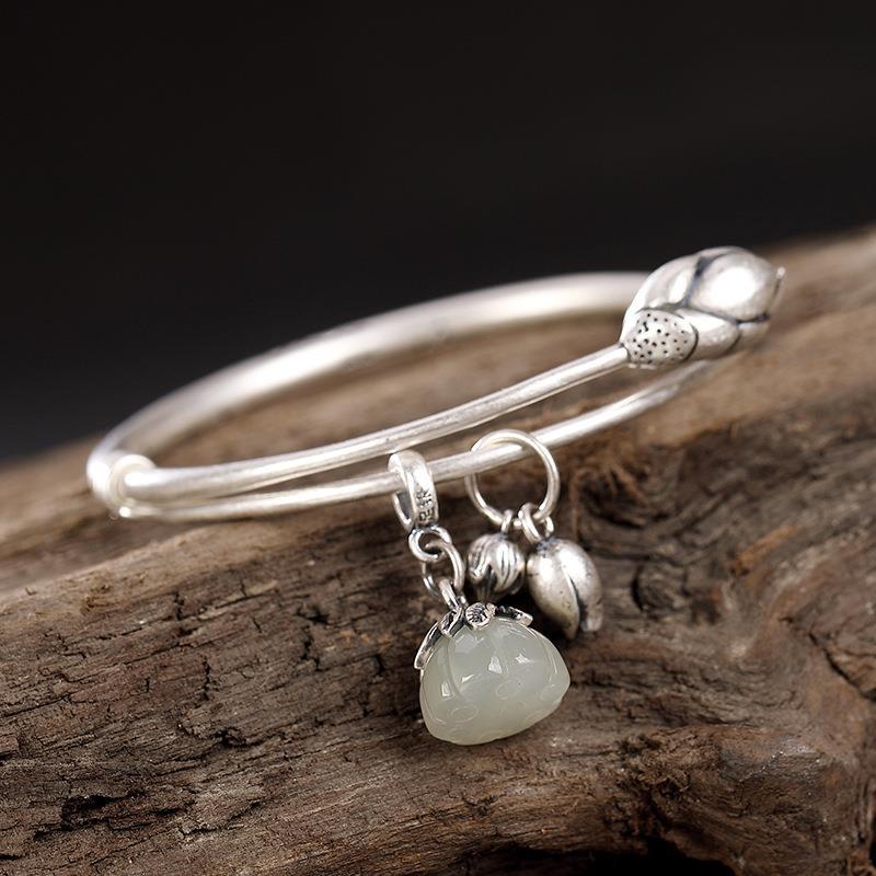 THAI SILVER Chalcedony Lotus Blossom Bangle