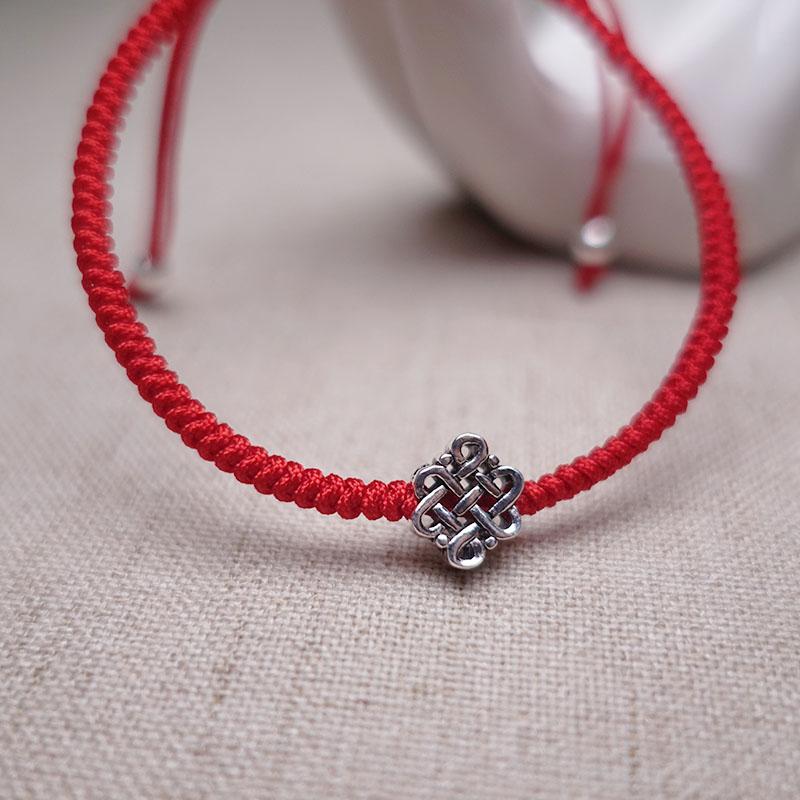 Sterling Silver ETERNAL KNOT Red Rope WISDOM Bracelet