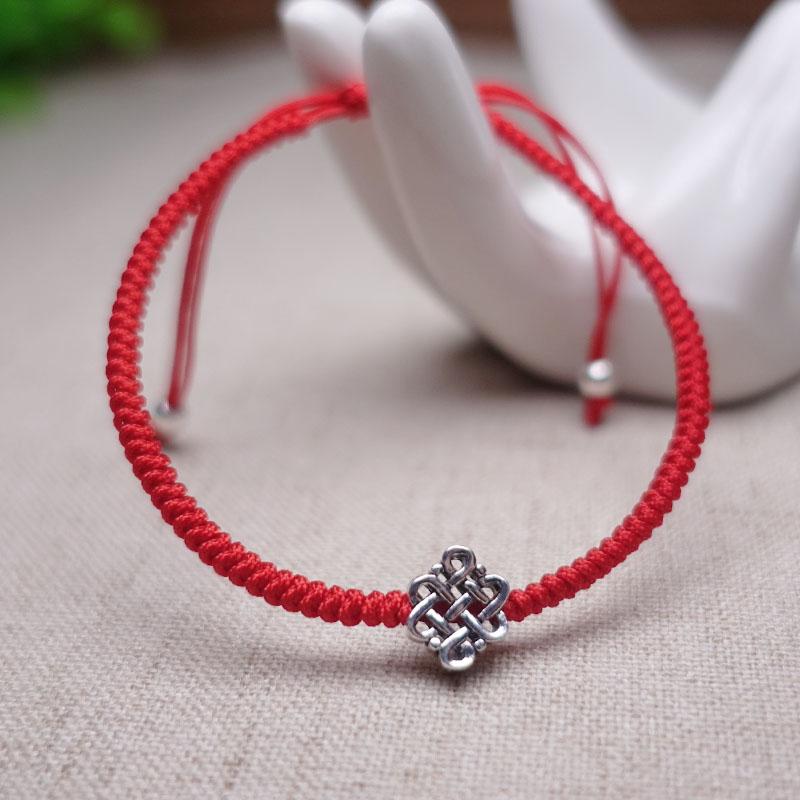 Sterling Silver ETERNAL KNOT Red Rope WISDOM Bracelet