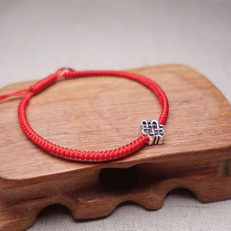 Sterling Silver ETERNAL KNOT Red Rope WISDOM Bracelet