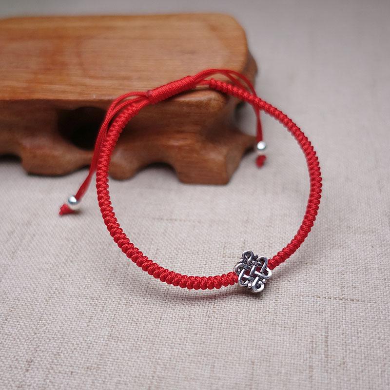 Sterling Silver ETERNAL KNOT Red Rope WISDOM Bracelet