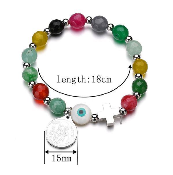 Natural Stone &  Stainless Steel ST BENEDICT PROTECTION Medal Charm Bracelet