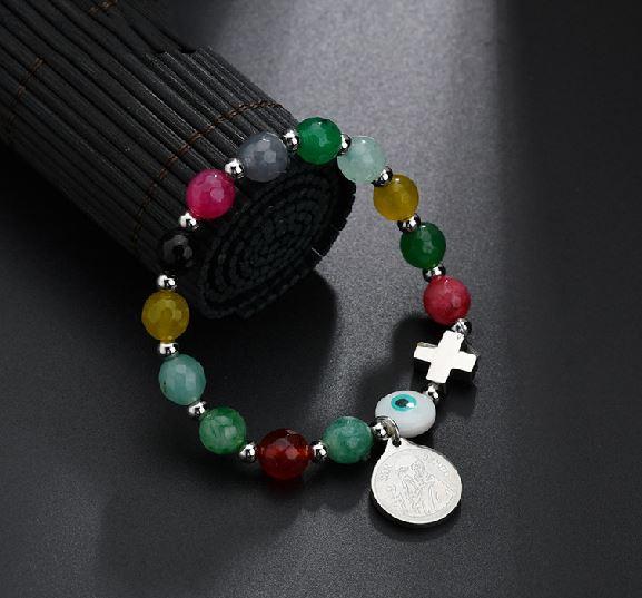 Natural Stone &  Stainless Steel ST BENEDICT PROTECTION Medal Charm Bracelet