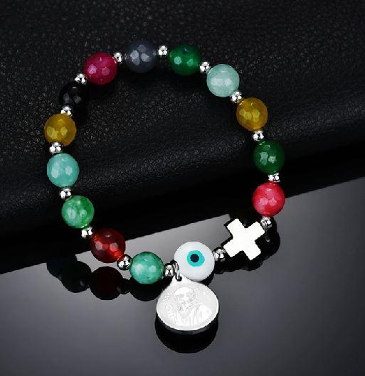 Natural Stone &  Stainless Steel ST BENEDICT PROTECTION Medal Charm Bracelet