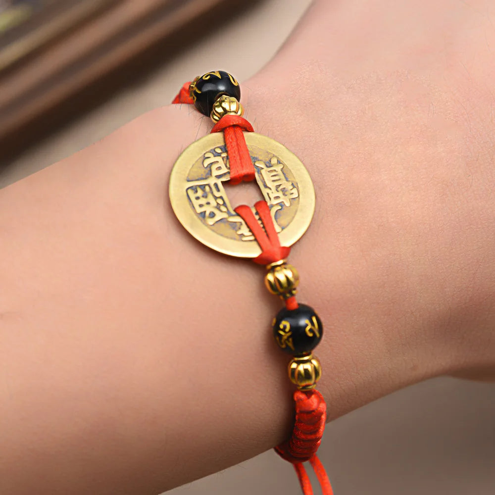 OM Mantra & Ancient Coin FENG SHUI Red Rope WEALTH Bracelet