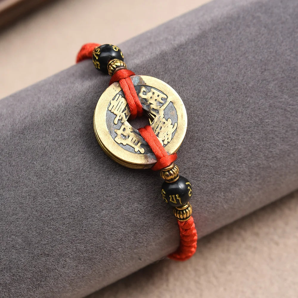 OM Mantra & Ancient Coin FENG SHUI Red Rope WEALTH Bracelet