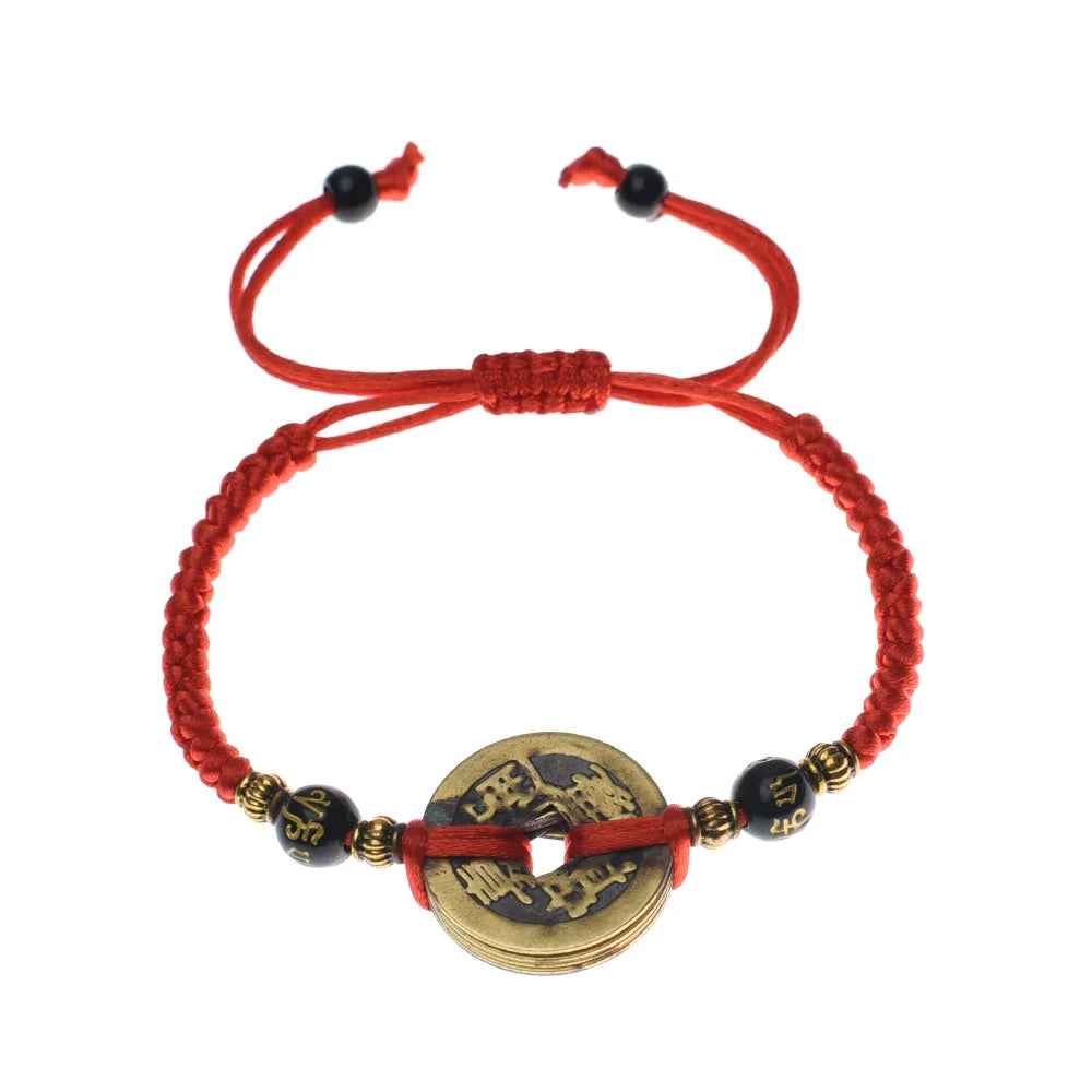 OM Mantra & Ancient Coin FENG SHUI Red Rope WEALTH Bracelet