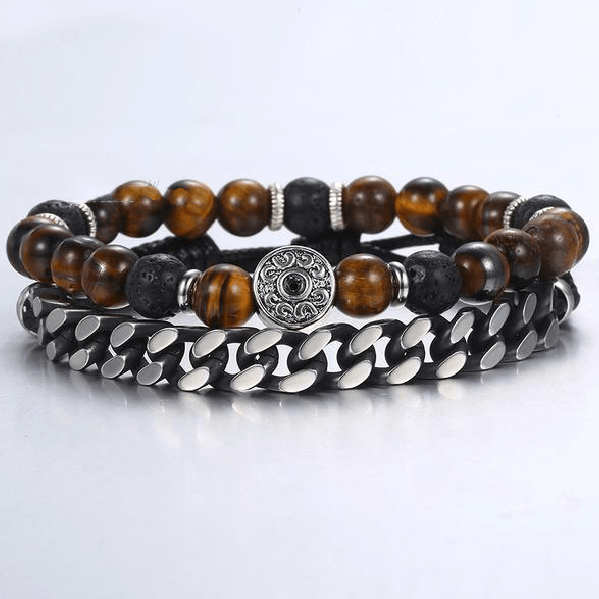 2 pc set -Tiger Eye & Lava Bead + Stainless Steel Cuban Chain Men's POWER  Bracelets