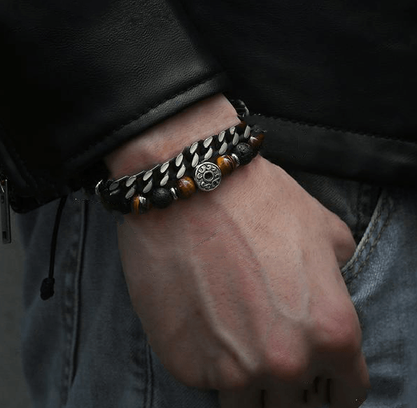 2 pc set -Tiger Eye & Lava Bead + Stainless Steel Cuban Chain Men's POWER  Bracelets