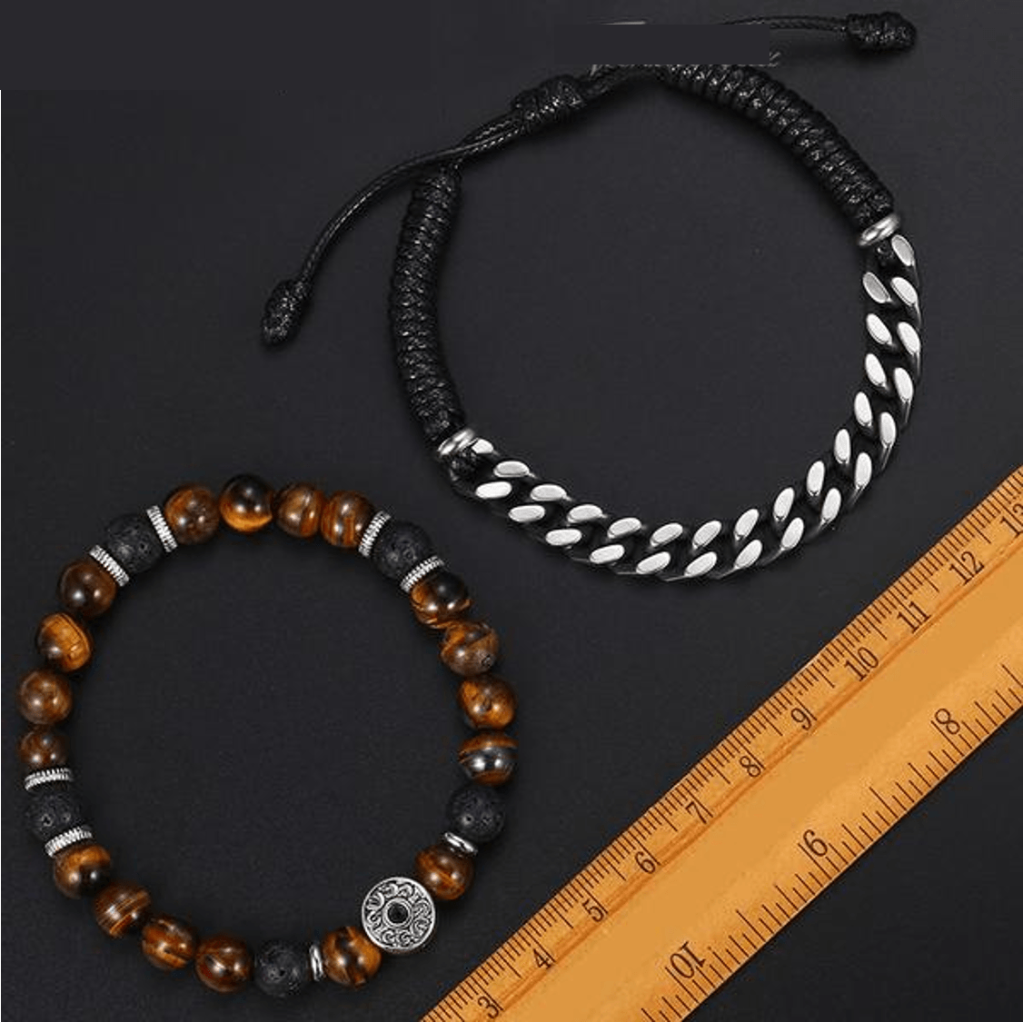 2 pc set -Tiger Eye & Lava Bead + Stainless Steel Cuban Chain Men's POWER  Bracelets