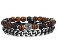 Thumbnail for 2 pc set -Tiger Eye & Lava Bead + Stainless Steel Cuban Chain Men's POWER  Bracelets