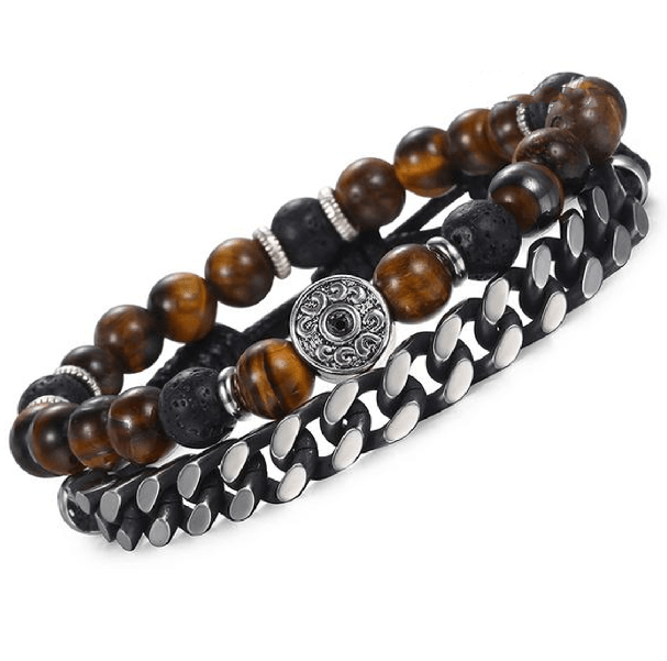 2 pc set -Tiger Eye & Lava Bead + Stainless Steel Cuban Chain Men's POWER  Bracelets