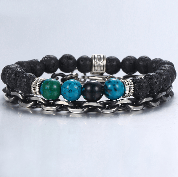 2 Pc Chrysocolla, Lava Stone & Chain Diffuser Set Men's WELLNESS Bracelets