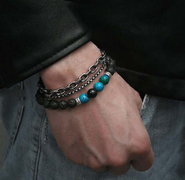 2 Pc Chrysocolla, Lava Stone & Chain Diffuser Set Men's WELLNESS Bracelets