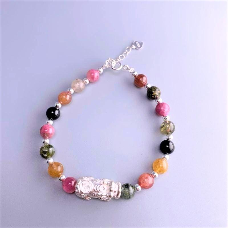 Rainbow Tourmaline  &  Pure Silver Feng Shui LUCKY PIXIU INSPIRATION Bracelet