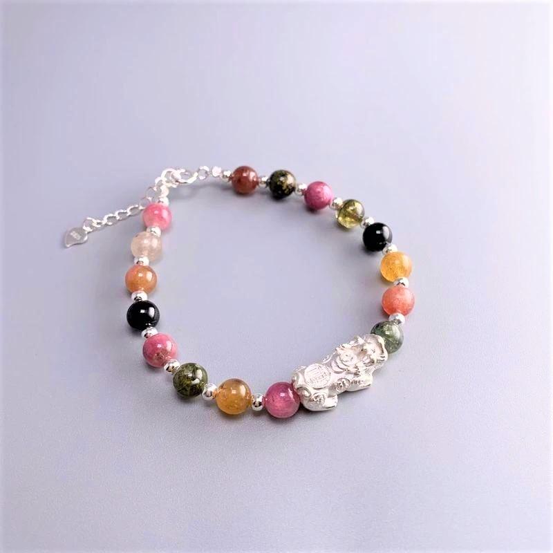 Rainbow Tourmaline  &  Pure Silver Feng Shui LUCKY PIXIU INSPIRATION Bracelet