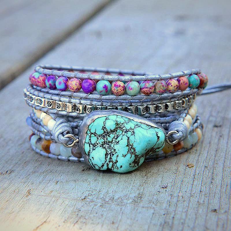 Natural Stone & Turquoise PROTECTION AMULET Wrap Bracelet