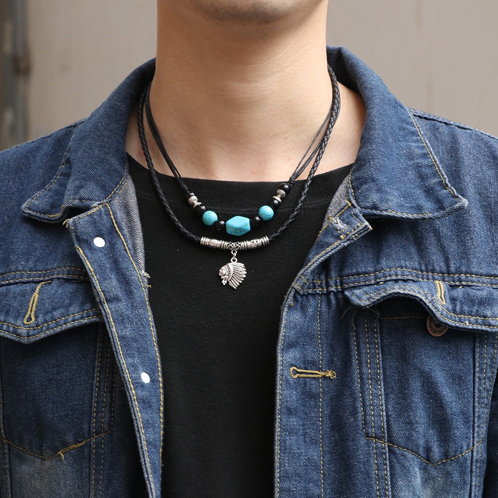 Turquoise Stone with Indian Head Pendant Necklace