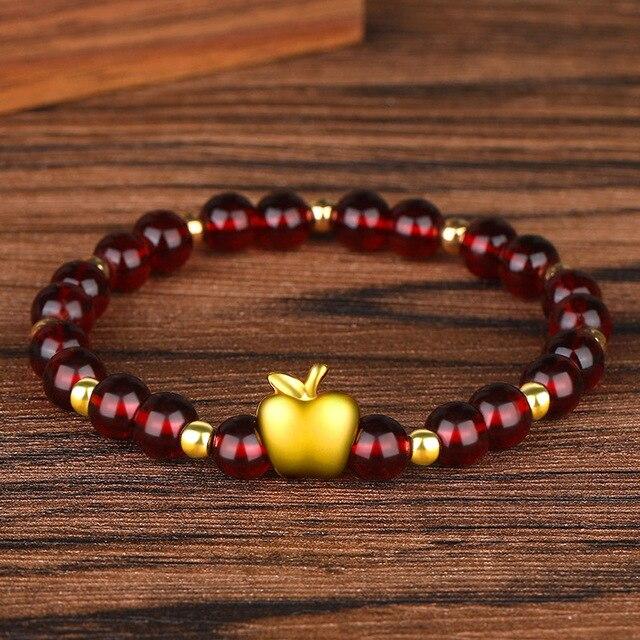 24K Gold Plated PIXIU /APPLE / FLOWER Accents & Genuine GARNETS Wealth / Peace Bracelet