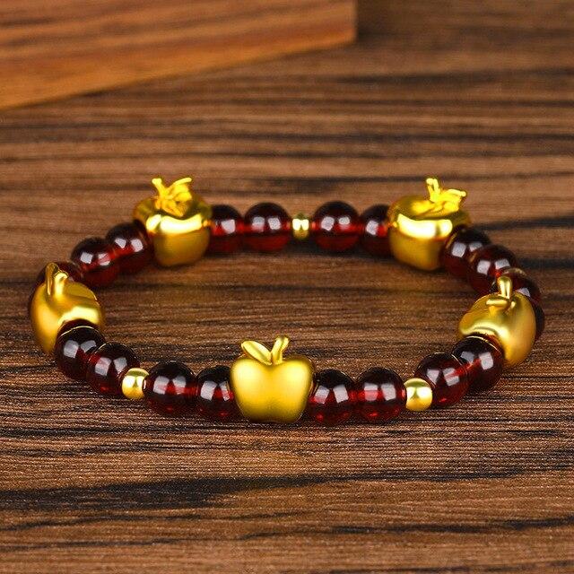 24K Gold Plated PIXIU /APPLE / FLOWER Accents & Genuine GARNETS Wealth / Peace Bracelet