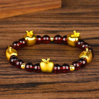 Thumbnail for 24K Gold Plated PIXIU /APPLE / FLOWER Accents & Genuine GARNETS Wealth / Peace Bracelet