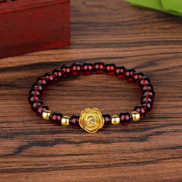 24K Gold Plated PIXIU /APPLE / FLOWER Accents & Genuine GARNETS Wealth / Peace Bracelet