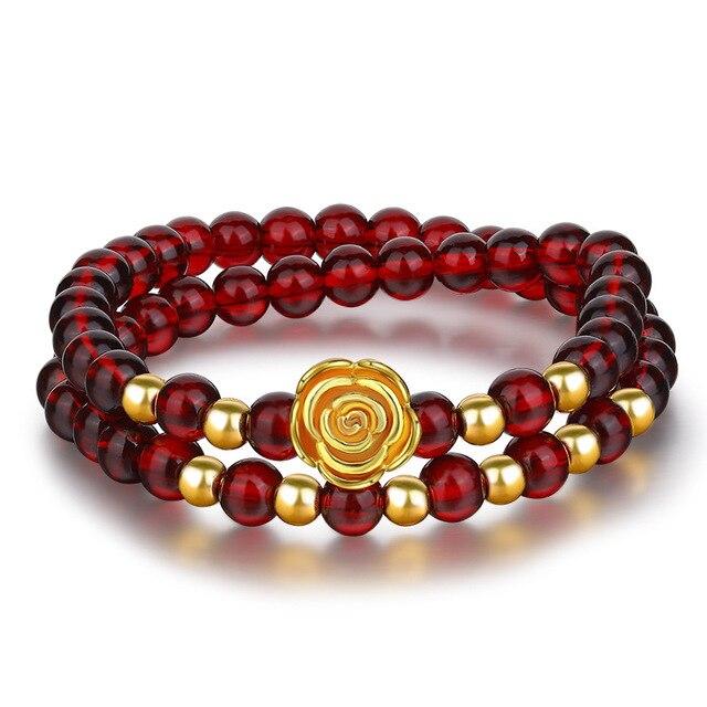 24K Gold Plated PIXIU /APPLE / FLOWER Accents & Genuine GARNETS Wealth / Peace Bracelet