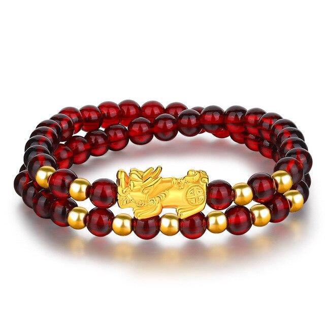 24K Gold Plated PIXIU /APPLE / FLOWER Accents & Genuine GARNETS Wealth / Peace Bracelet