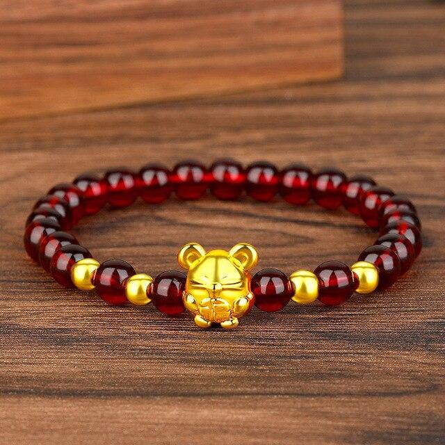 24K Gold Plated PIXIU /APPLE / FLOWER Accents & Genuine GARNETS Wealth / Peace Bracelet