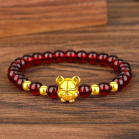 Thumbnail for 24K Gold Plated PIXIU /APPLE / FLOWER Accents & Genuine GARNETS Wealth / Peace Bracelet