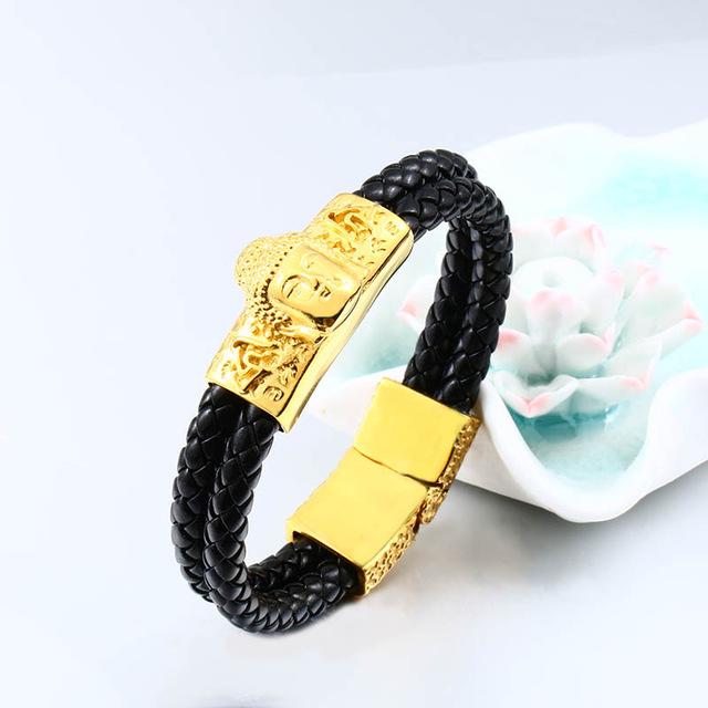 Mens Leather & Steel Buddha Bracelet- Gold & Silver finishes