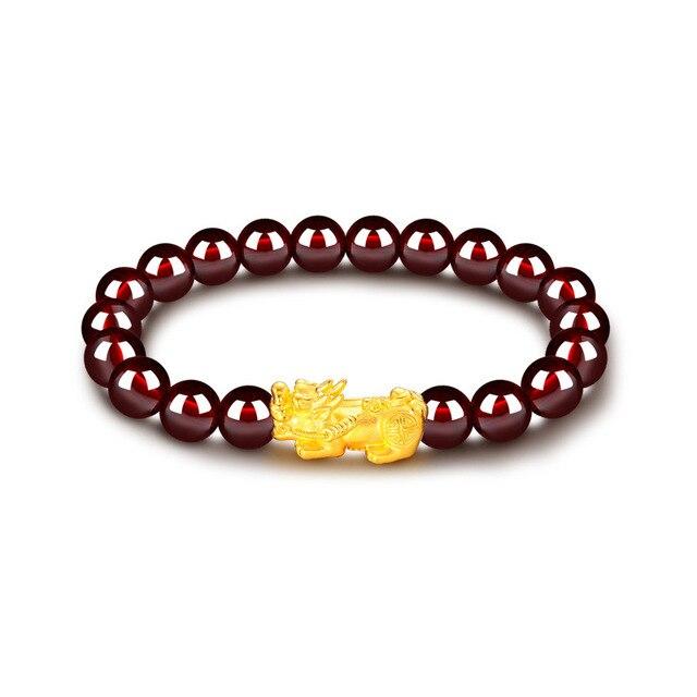 24K Gold Plated PIXIU /APPLE / FLOWER Accents & Genuine GARNETS Wealth / Peace Bracelet