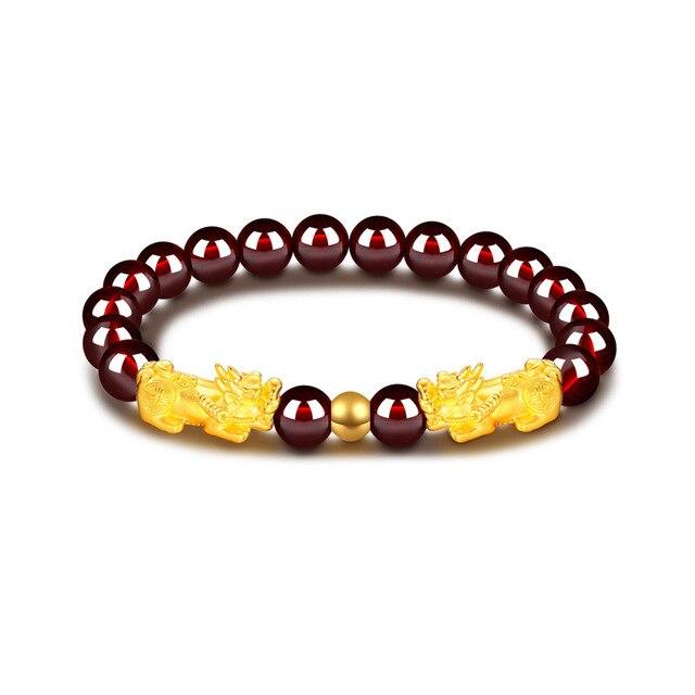 24K Gold Plated PIXIU /APPLE / FLOWER Accents & Genuine GARNETS Wealth / Peace Bracelet