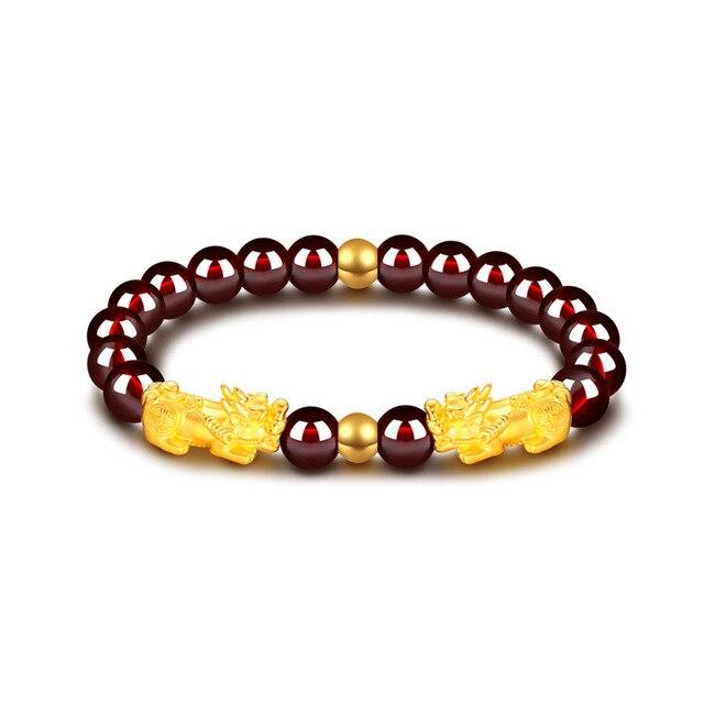 24K Gold Plated PIXIU /APPLE / FLOWER Accents & Genuine GARNETS Wealth / Peace Bracelet