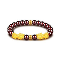 Thumbnail for 24K Gold Plated PIXIU /APPLE / FLOWER Accents & Genuine GARNETS Wealth / Peace Bracelet