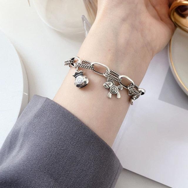 Thai Silver WIND HORSE & MONEY BAGS ' GOOD FORTUNE' Bracelet