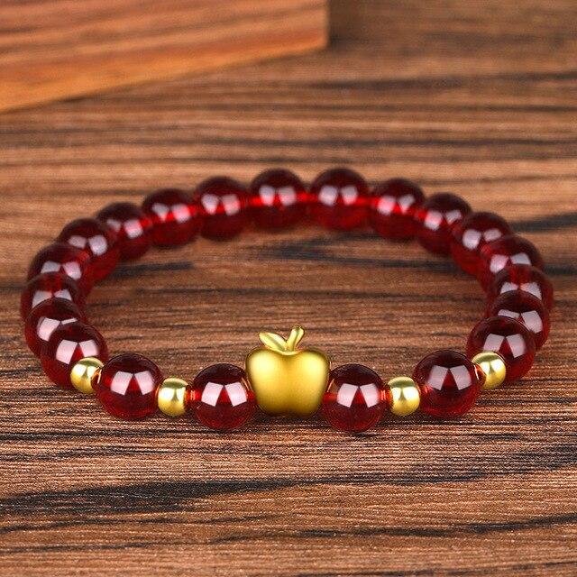 24K Gold Plated PIXIU /APPLE / FLOWER Accents & Genuine GARNETS Wealth / Peace Bracelet