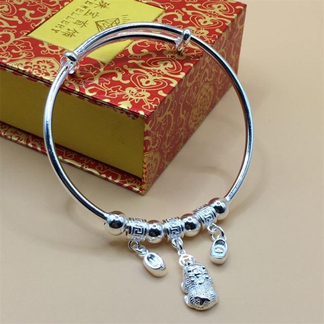 Thai Silver Pixiu & Silver Ingot Feng Shui Bangle