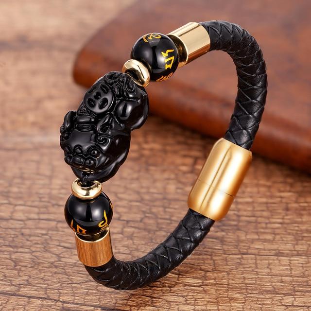 Steel , Leather & Tiger Eye Stone Feng Shui PIXIU For GOOD FORTUNE Bracelet